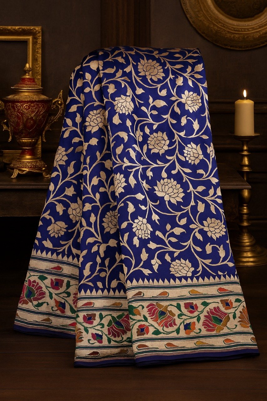 AI Recolored Royal Blue Banarasi Saree